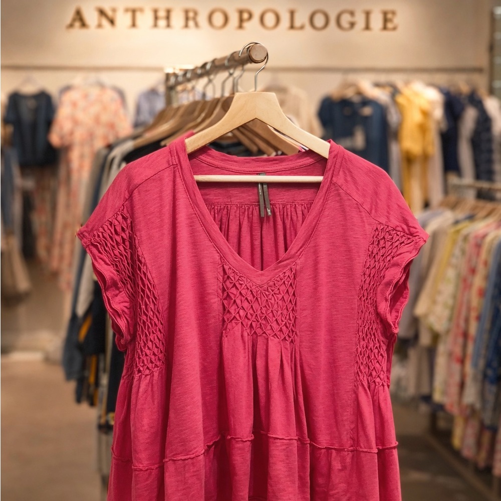 🌸Anthropologie Pink Smocked V-Neck Women's Top boho chic bohemian summer preppy